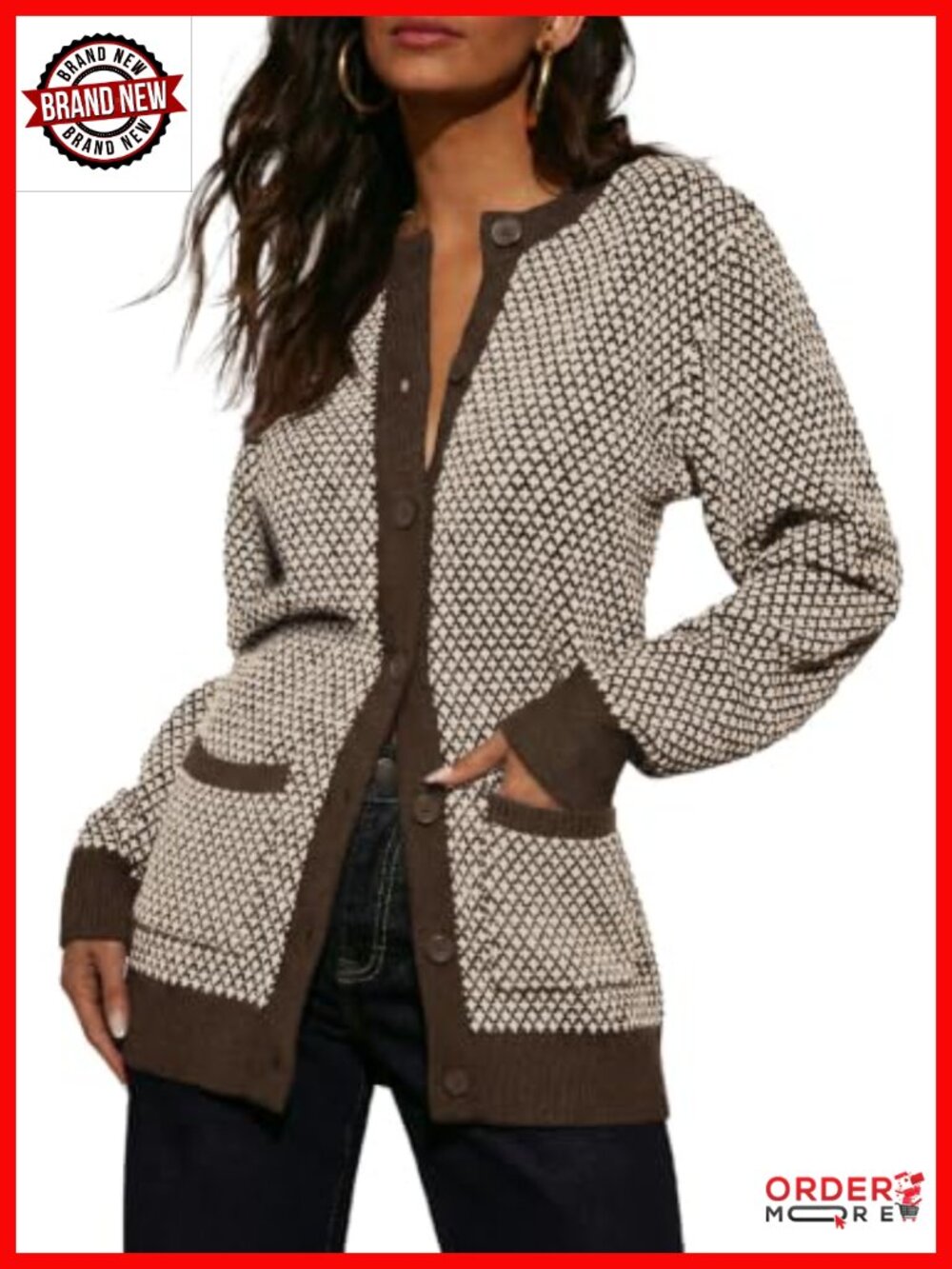 Button Down Plaid Cardigan Sweater Chunky Knit Crew Neck Pockets